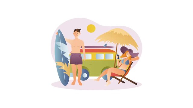 Animated summer beach vacation scene with surfers, van and couple