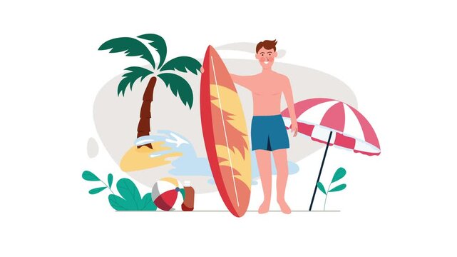 Animated surfer standing with surfboard on tropical beach with palm tree