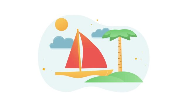 Colorful sailboat on tropical island beach with palm tree animation