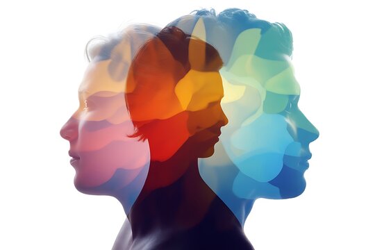 Double exposure human faces, colorful abstract profiles, psychology and mental health concept, vibrant side view portraits