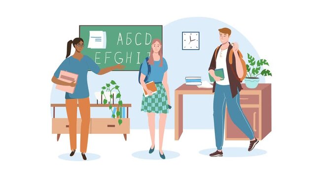 Animated diverse students in classroom with blackboard and books