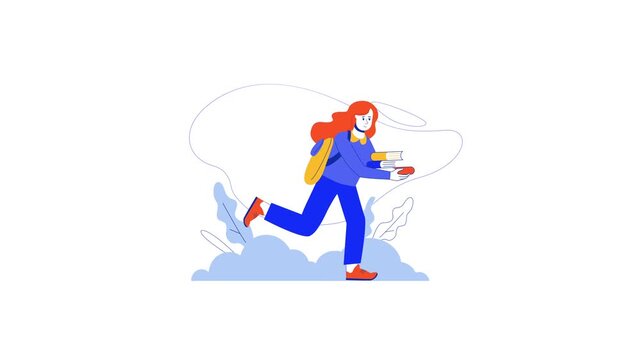 Animated student running with books and backpack on cloud background