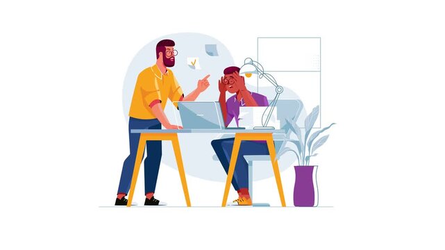 Animated office conflict between colleagues at laptop in modern workspace