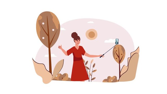 Woman taking selfie with smartphone in autumn park flat vector animation