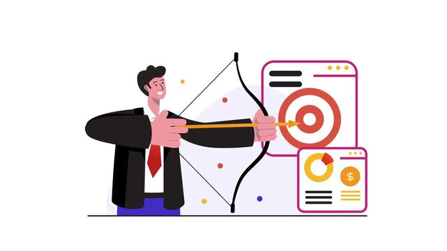 Animated businessman aiming arrow at business target dashboard illustration