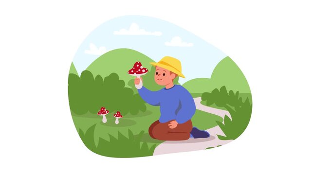 Animated child foraging red mushrooms in sunny forest clearing