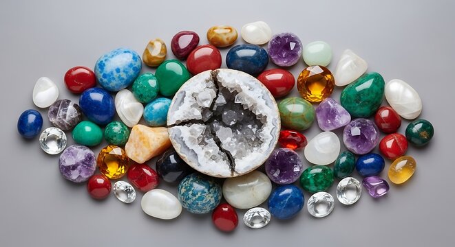 Colorful gemstones and a cracked sphere on a gray surface.