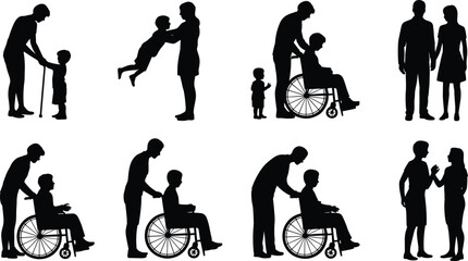 Obraz premium Family care silhouettes vector set, people helping elderly in wheelchair, parents with children, caregiving, support, love and relationship black silhouette collection illustration