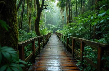 Fototapeta premium Wooden boardwalk crosses wet rainforest floor in lush green vegetation. Tall trees and ferns line the path, creating a serene jungle atmosphere. This path leads into dense forest.