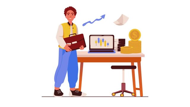 Animated freelancer with briefcase reviewing growth chart and profits