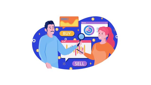 Animated buy-sell trading concept with man and woman reviewing charts