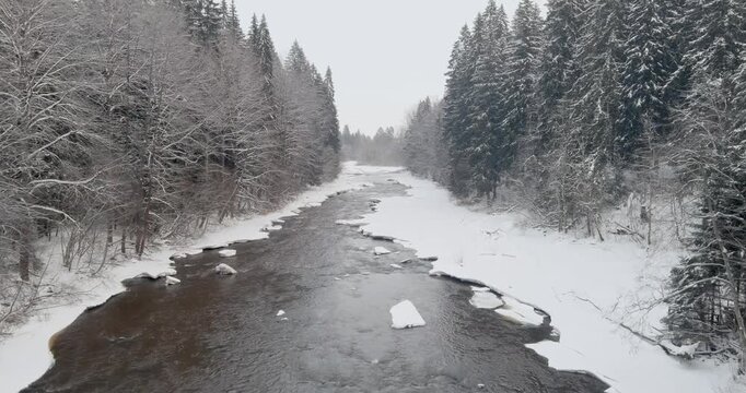 Aerial view of serene winter river scene in cloudy weather at Pitk&auml;koski rapids, Helsinki and Vantaa, Finland, Europe.