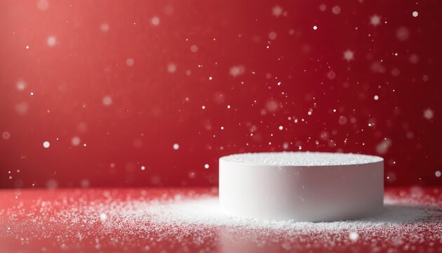 White cylindrical pedestal covered in snow rests on red surface. Falling snow and bokeh lights create festive winter atmosphere. Minimalist studio background for product display or celebration.