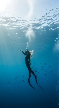 Underwater Freediver Ascending Towards Sunlight in Ocean Depths.