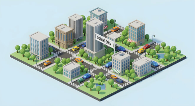 Isometric downtown city map with office buildings and cars, 3D low poly urban landscape, miniature metropolitan district with street traffic and trees