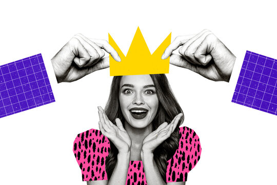 Composite photo collage of hand hold crown beautiful girl princess royalty ceremony prom party isolated on painted background