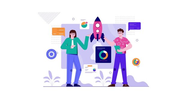 Startup team presenting rocket launch and analytics dashboard