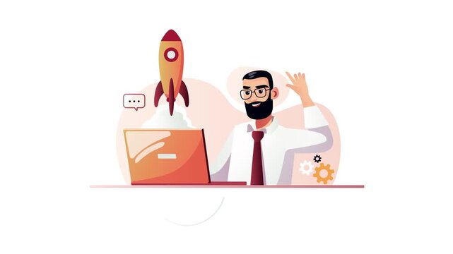 Startup businessman launching rocket from laptop in flat animation