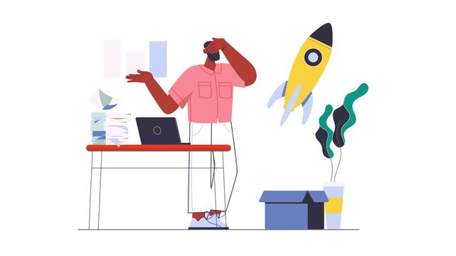 Animated startup founder at desk with laptop and rocket launch concept
