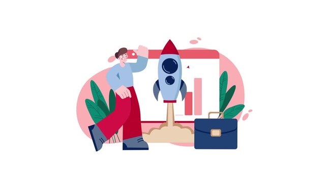 Animated businessman launching startup rocket with growth chart and briefcase