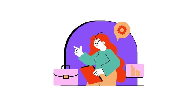 Animated female entrepreneur launching startup with rocket and charts