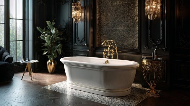 A newly installed luxury bathtub showcasing a sleek, elegant design with high-end features and refined detailing
