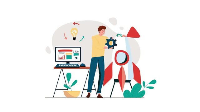 Animated startup innovation concept with entrepreneur, rocket and analytics
