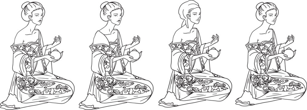 Line art illustration geisha performing tea ceremony teapot in hands. Minimalist Japanese style doodle outline coloring page, restaurant menu packaging design and social media graphic element ornament