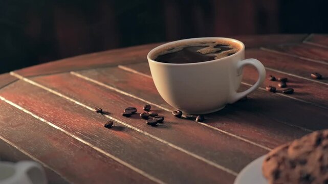 Hot black coffee in white cup with steam on wooden table, copy space