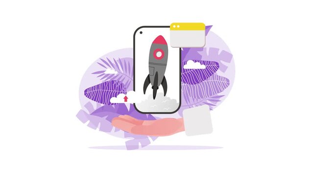Animated smartphone launching rocket with wifi icon and tropical leaves