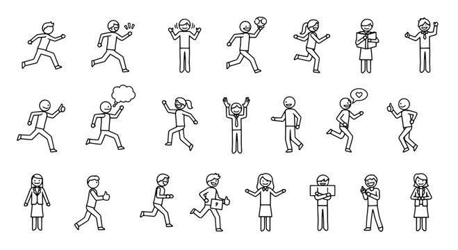People stick figure set with various poses and actions in black outline featuring illustration, icons, running with walking and talking elements for