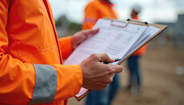 Construction site supervisor in orange vest checks papers on clipboard. Worker reviews document, holding pen. Another man in safety vest nearby.