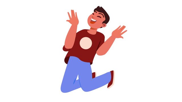 Cheerful young man jumping with raised hands in flat animation style