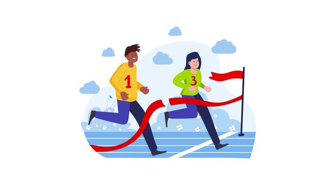 Flat animation of male and female runners crossing a finish line