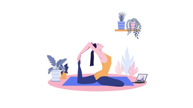 Woman practicing yoga stretch at home with laptop and plants animation