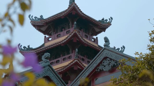 Amazing Phap Hoa Pagoda is a prominent Buddhist temple known for its distinctive traditional architecture featuring multi-tiered roofs with serpent shape chofahs. Ho Chi Minh City, Vietnam