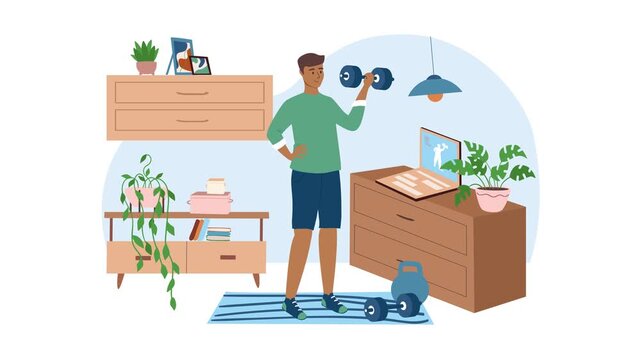 Animated man lifting dumbbell in stylish home gym with indoor plants