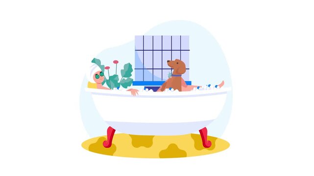 Woman bathing dog in bathtub during home spa routine, flat vector animation