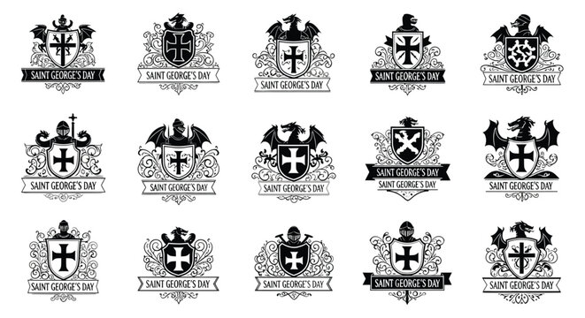 Set of 12 black and white heraldic crests with crosses and ornate designs on white background