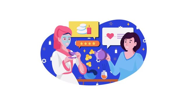 Animated two women sharing spa tea and skincare chat in a beauty salon