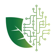 Obraz premium Abstract Eco-Technology Logo with Green Leaf and Digital Circuit Board Patterns - Sustainable Energy and Smart Agriculture Concept Vector Illustration