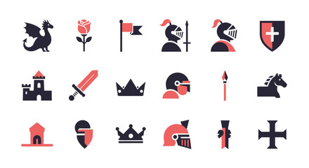 Fototapeta premium Medieval icons set including knight helmets dragons swords and shields on white background