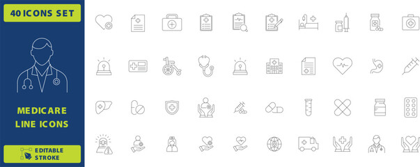 Medicare line icons set of 40 vector elements, medical healthcare symbols for hospital apps, thin stroke doctor and wellness pictograms © J.G Studio