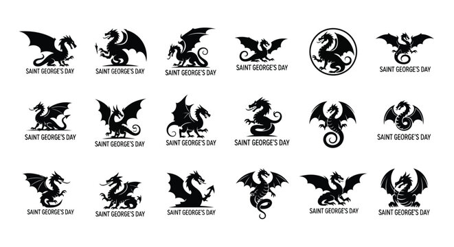 Collection of saint george's day dragon silhouettes and logos on white background