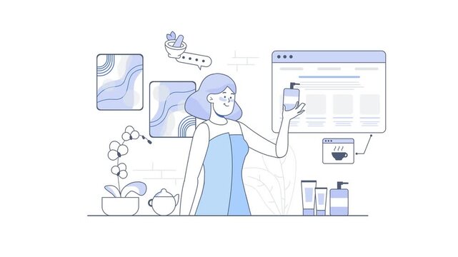 Flat vector animation of woman with skincare bottle and website UI