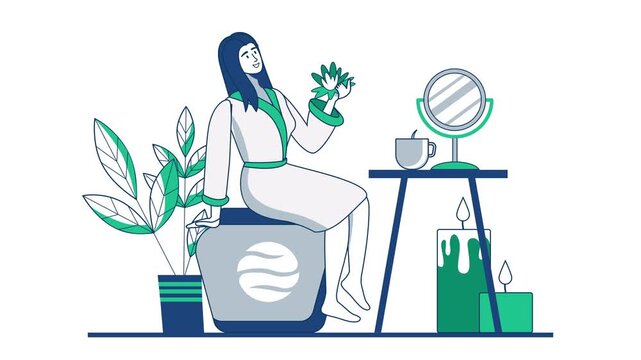 Animated eco beauty scene with woman, skincare jar and plants