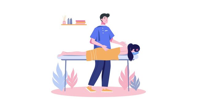 Animated massage therapist giving back treatment to woman in spa salon
