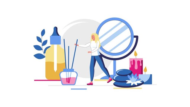 Animated beauty routine illustration with cosmetics and vanity mirror