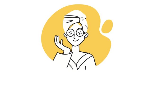 Animated woman with cucumber eye masks and towel on head for spa care