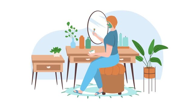 Animated woman applying makeup at vanity in bright bedroom interior